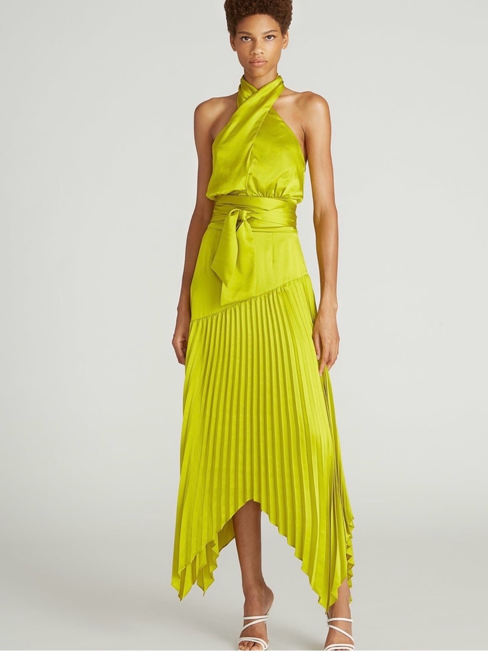 AMUR Lime Halter Pleated Asymmetric Midi Dress